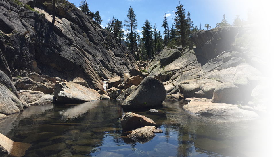 A nature scene with a granite cliff, water, boulders, and trees