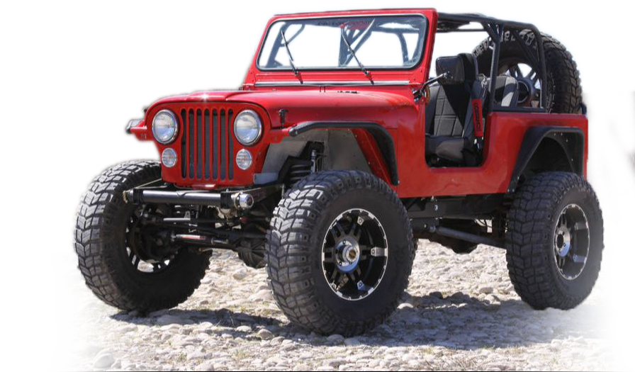 Red Jeep CJ sitting on top of gravel