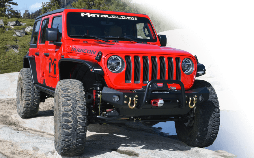 Red Jeep JL outfitted with MetalCloak gear